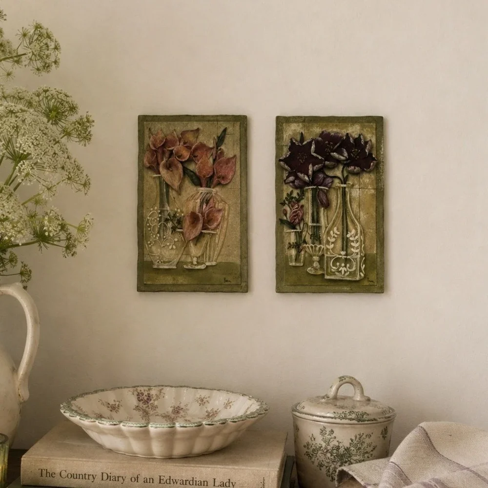Baem Signed 3D Floral Relief Wall Plaques Set of 2 Calla Lily Purple Flowers 7in